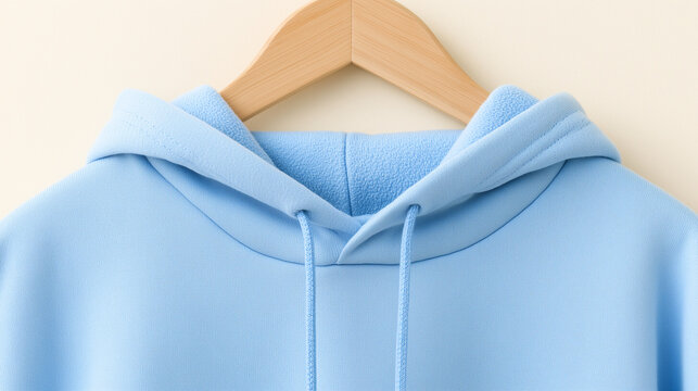 Soft Light Blue Pullover Hoodie Mockup Displayed on Wooden Hanger for Minimalist Apparel Design