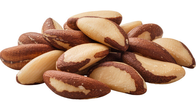 Pile of raw Brazil nuts with brown shells and white kernels, isolated on transparent background