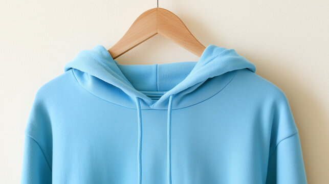 Empty Blank Light Blue Hoodie Mockup Hanging on a Wooden Hanger for Apparel Design Presentation