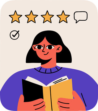 Woman Reading Book with Review Stars and Checkmark