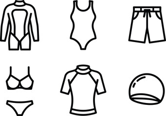 Naklejka premium Set of swimwear icons including wetsuit swimsuit boardshorts bikini rashguard and swim cap vector