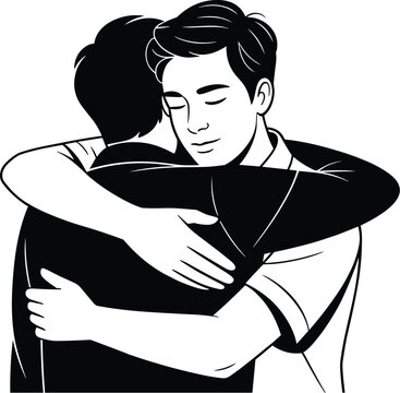 Two men hugging warmly expressing friendship love emotional support and care black line art vector