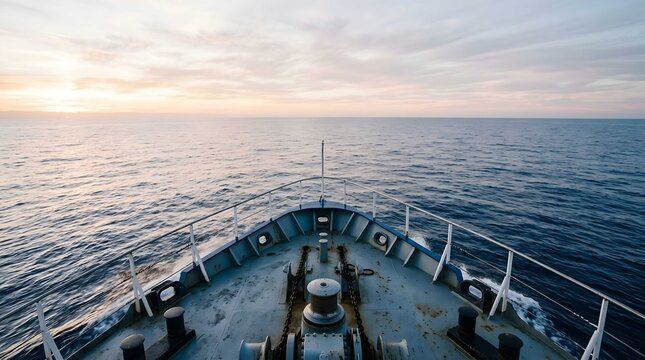 View from the bow of a ship sailing on the ocean during a calm sunset