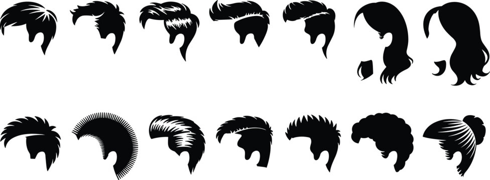 Set of men and women hairstyle silhouettes featuring various trendy male and female haircuts isolated vector