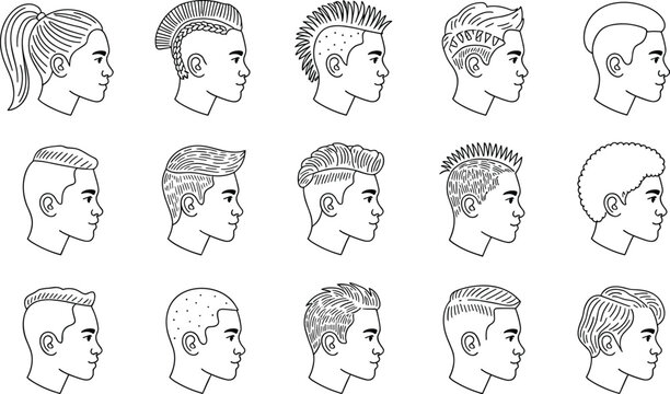 Set of modern hairstyles side view avatars featuring ponytail braids mohawk undercut and fade haircuts vector