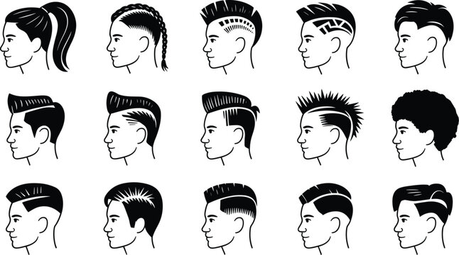 Set of modern hairstyles side view avatars featuring ponytail braids mohawk undercut and fade haircuts vector