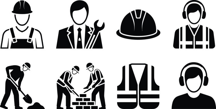 Construction work vector icon set featuring builders engineers helmet safety vest and shovel isolated on white
