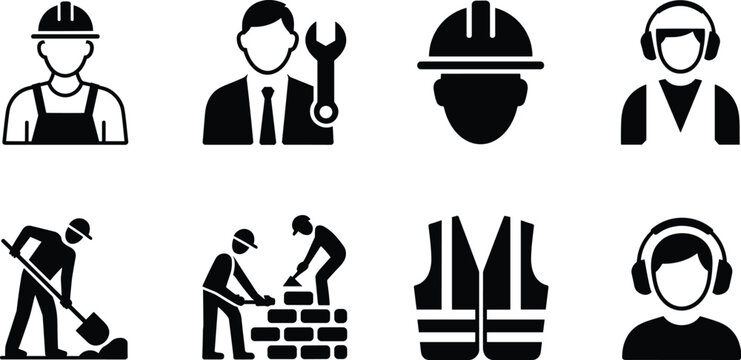 Construction work vector icon set featuring builders engineers helmet safety vest and shovel isolated on white