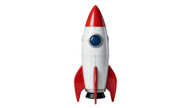 Retro red and white rocket ship with blue window, isolated on transparent background