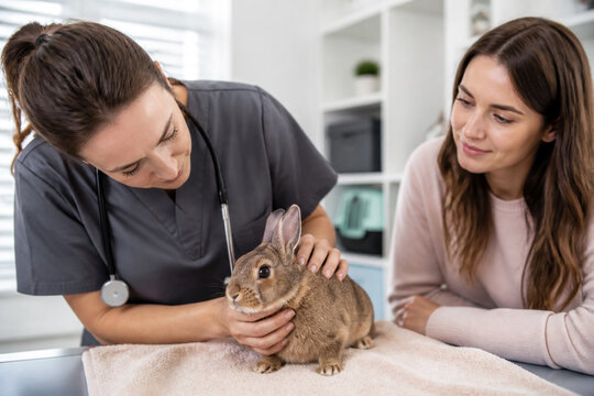 Experienced Veterinarian Performing a Gentle Routine Health Examination of a Domestic Rabbit While the Attentive Owner Watches in a Modern Clinic