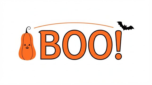 Cute halloween boo text illustration with smiling pumpkin and bat