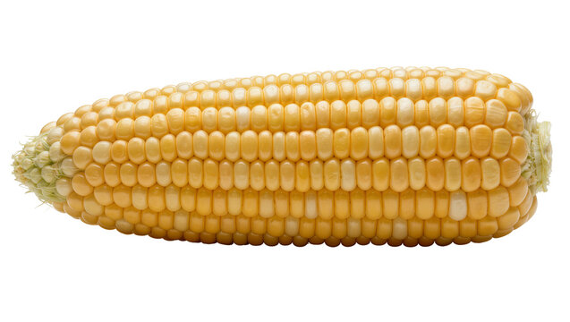 Fresh yellow corn cob with rows of kernels, isolated on transparent background