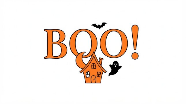 Halloween boo text with orange haunted house ghost and bat illustration
