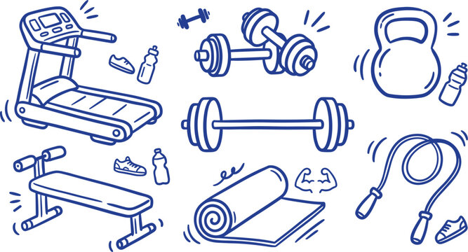 cute fitness and gym hand drawn doodle set with treadmill dumbbells and workout gear
