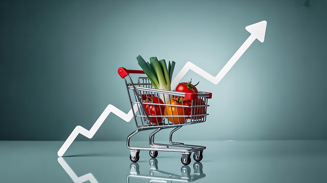 Shopping cart filled with fresh groceries and rising arrow representing inflation and increasing food prices