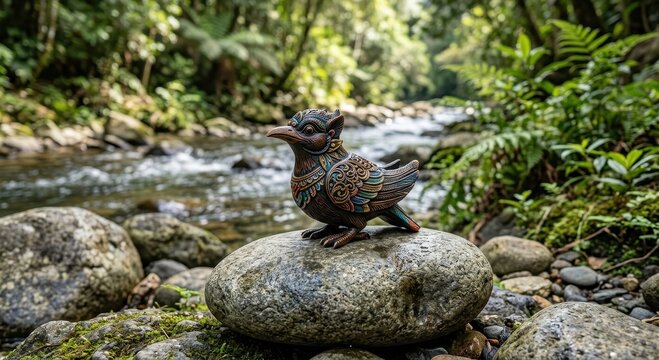 Ornate Kancil Bird Carving Perched on a Stone by a Flowing River in a Lush Forest Setting