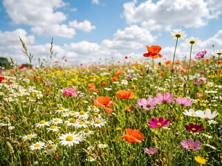 Obraz premium Colorful wildflower meadow under blue sky with daisies poppies and sunny summer bloom