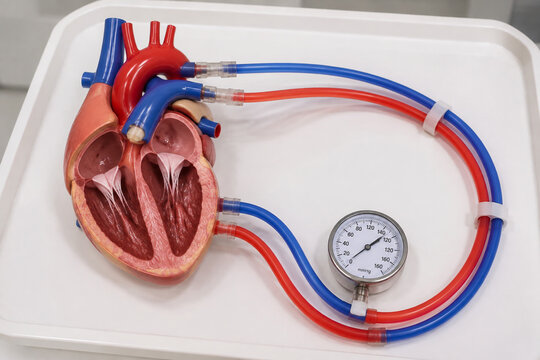 Anatomical heart model with circulation tubes and pressure gauge on laboratory tray, hemodynamic education concept