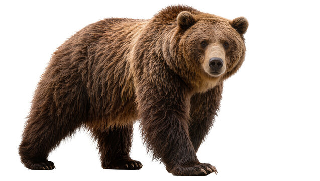 Brown grizzly bear walking forward, isolated on transparent background