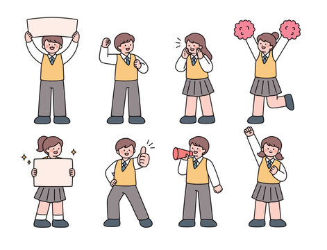 Cheerful students cheering, holding signs, using a megaphone, and showing support in school uniforms.