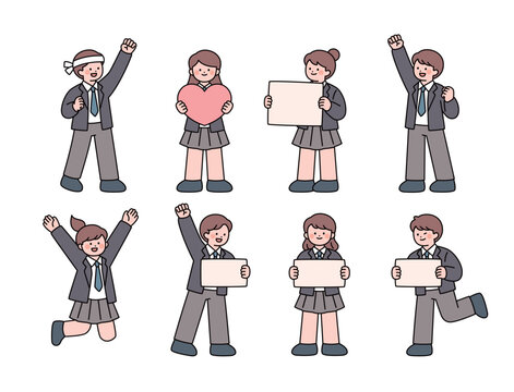 Cheerful students in school uniforms holding blank signs, raising fists, jumping, and showing encouragement and support.