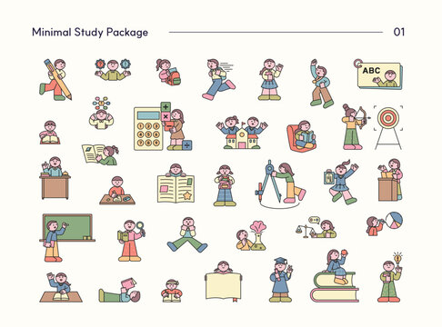 Minimal study character set featuring students, teachers, reading, learning, school activities, science, math, and graduation.