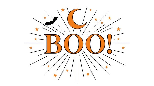 Halloween boo text with crescent moon and sunburst rays boo sign flying bat
