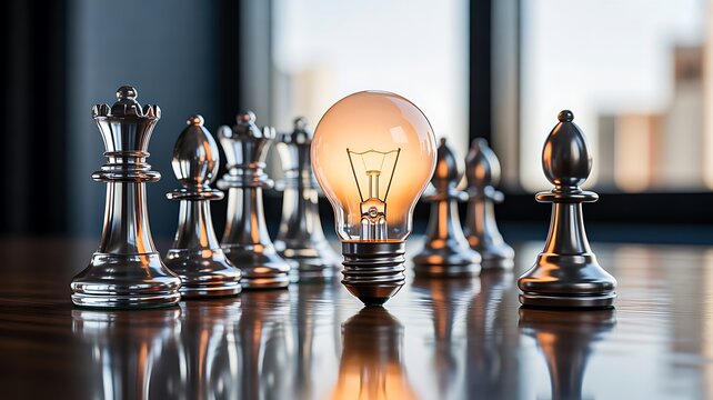  Business strategy concept with chess pieces and glowing light bulb representing innovation and leadership