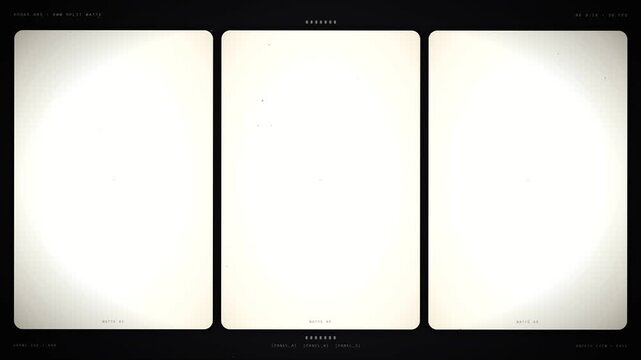 Retro 35mm split screen film matte overlay featuring three vertical frame panels on black background for vintage video editing, triptych overlay effect with subtle film grain and border detail
