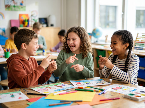 Diverse Kids Practicing Sign Language Hand Signs In Class