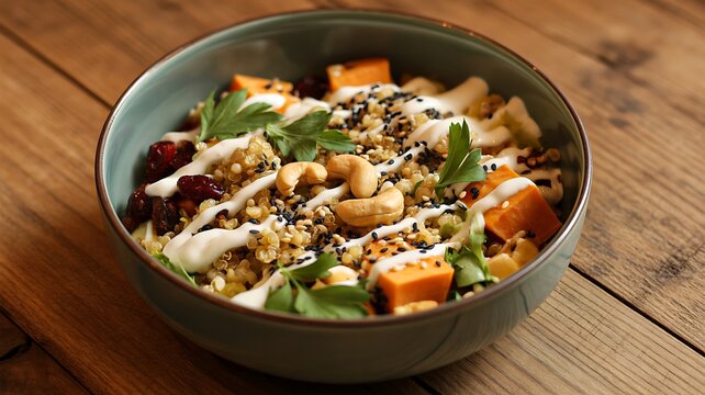 Healthy colorful grain and vegetable bowl with creamy dressing, nuts and fresh ingredients on wooden table