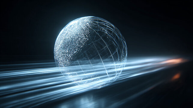 Glowing digital sphere traveling through a dark abyss with bright streaks of light motion blur lines
