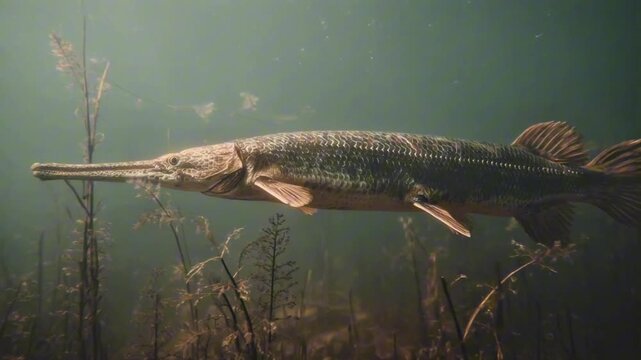 Alligator Gar Swimming Through Freshwater