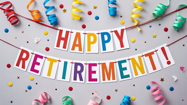 Happy retirement celebration with colorful decorations and festive message
