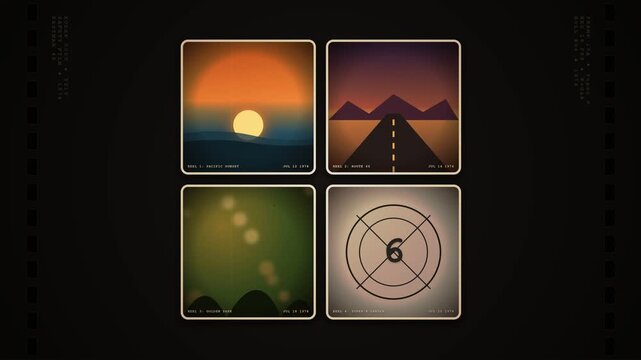 Retro vintage 8mm film leader countdown timer animation displaying four square graphic panels with 1970s vector art, film strip borders, ocean sunset, route 66 desert road, and nostalgic aesthetic.