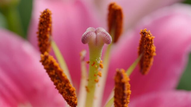 Macro close-up of a vibrant pink lily flower's intricate reproductive parts, showcasing pollen-dusted anthers and the central pistil.