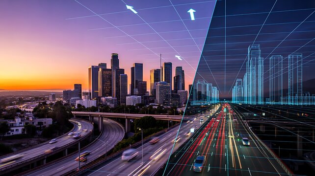 Smart city transportation network with digital data connections and futuristic highway