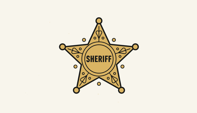 Classic golden sheriff star badge icon with decorative details and the word sheriff written in the center, on an off white background.