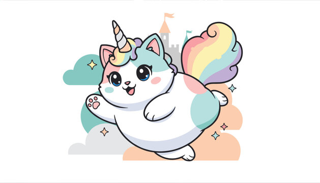 Adorable pastel caticorn character flying in the sky with a rainbow tail and a magical castle in the background, flat vector design.
