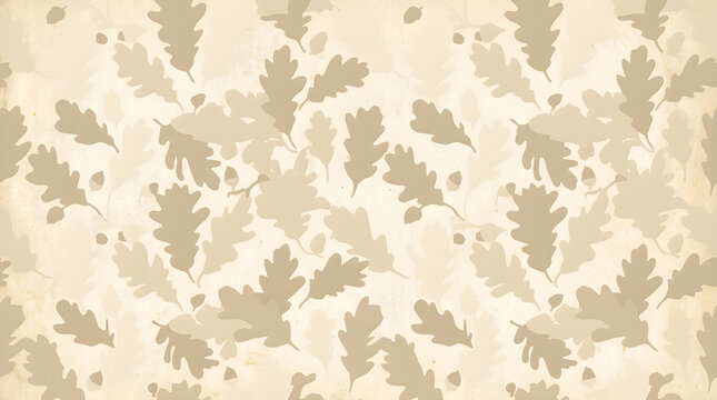 Hand illustrated leaf silhouette pattern in soft cream and beige tones with layered oak leaves and light aged paper texture for textile ideal for upholstery and curtain fabric design