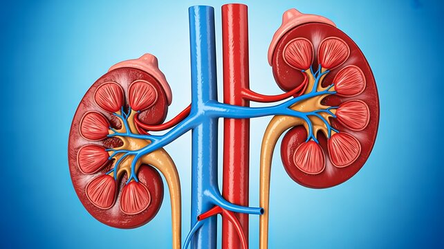 Detailed human kidney anatomy illustration showing renal blood vessels and urinary system