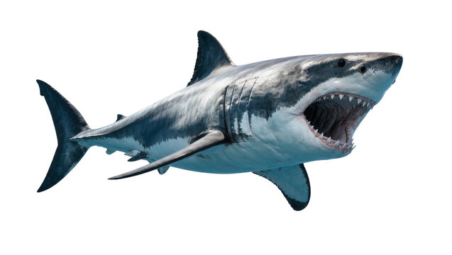 Great white shark with open mouth and sharp teeth, isolated on transparent background