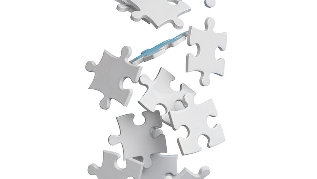 Scattered white puzzle pieces falling, isolated on transparent background