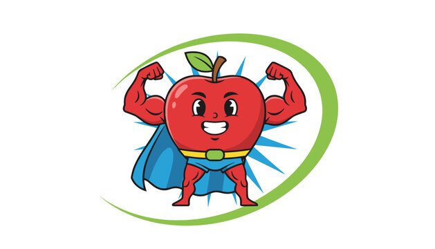 Strong apple superhero mascot flexing muscular arms while wearing a blue cape and belt inside a green oval frame.