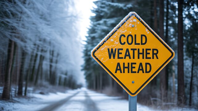 Cold weather warning sign beside a snowy forest road

