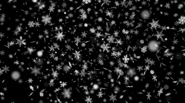 Snowflake overlay on black background, falling white snow crystals, winter blizzard texture for holiday design