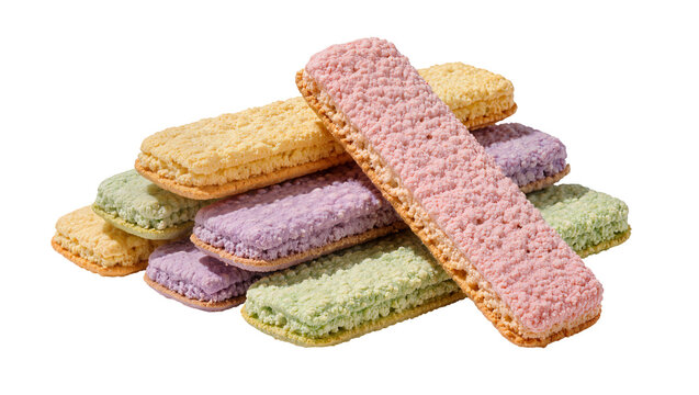 Assorted pastel colored sandwich cookies with textured topping, isolated on transparent background