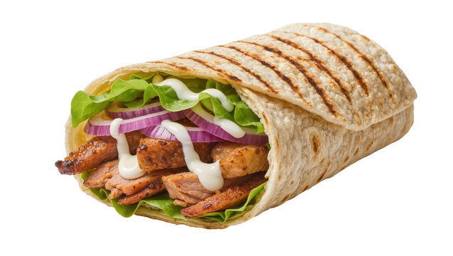 Grilled chicken wrap with lettuce onion and sauce, isolated on transparent background
