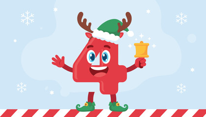 Fototapeta premium Cute cartoon number four character dressed in a red outfit with reindeer antlers and an elf hat holding a golden bell.