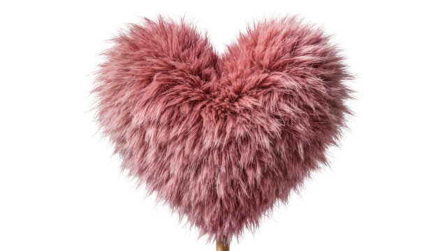 Fluffy pink heart-shaped object with a wooden handle, isolated on transparent background